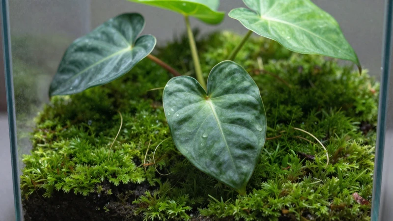 Planta verde en terrario con luz suave