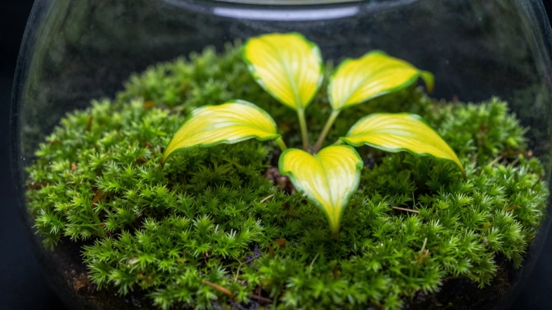 Pilea verde en terrario con musgo