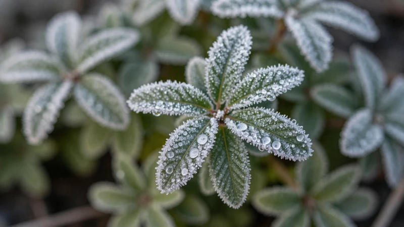 Fotografía macro de planta con rocío invernal