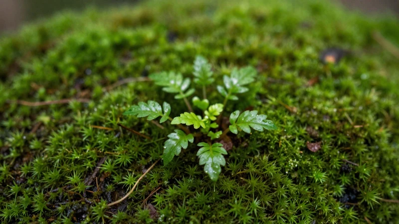 Plantas tropicales en musgo con luz suave