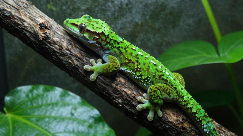 Gecko verde en terrario tropical