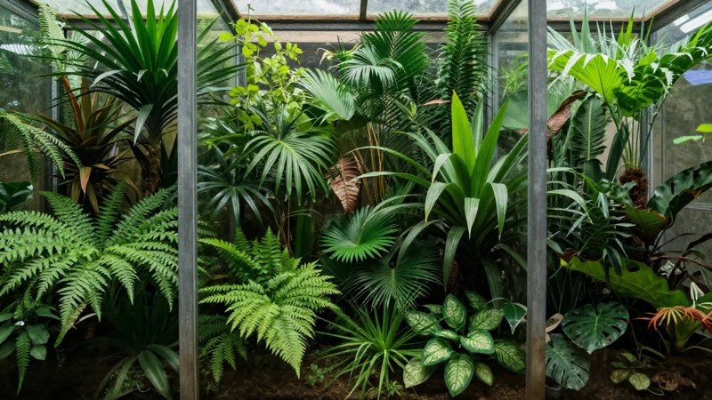 Terrario tropical verde con luz natural