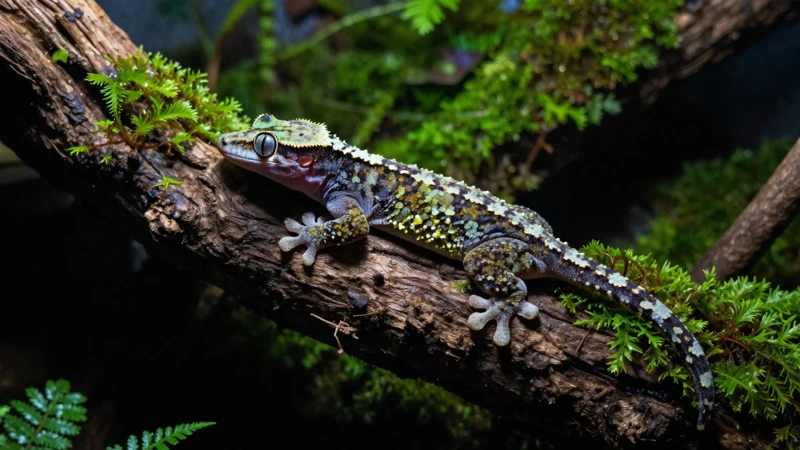 Gecko detallado en un terrario de musgo