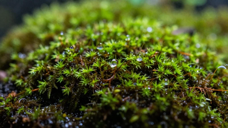 Musgo verde macro con luz y gotas