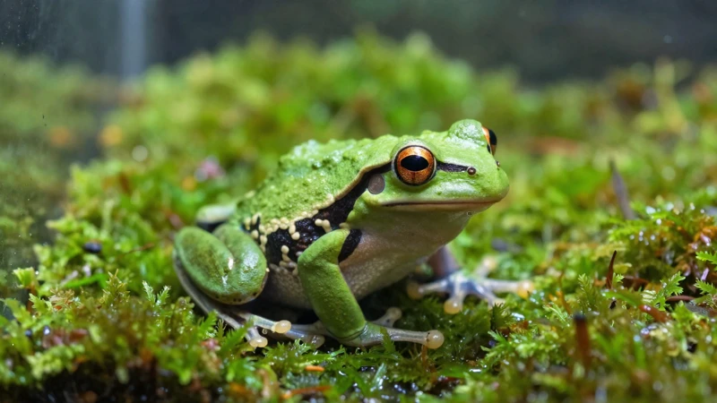 Rana y musgo en terrario húmedo