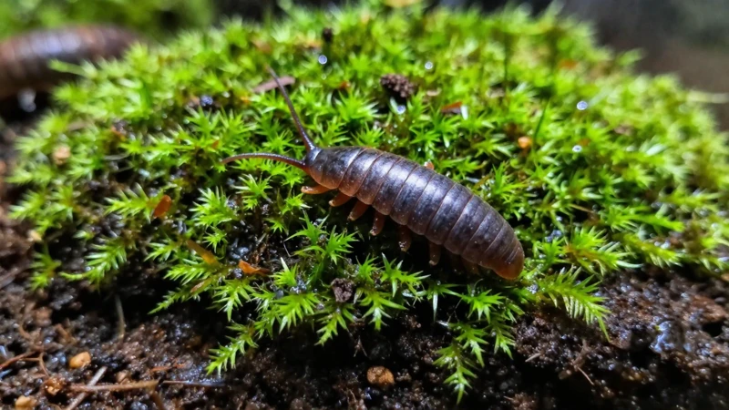 Macro de isopodos sobre musgo verde