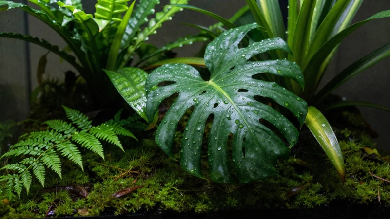 Terrario verde y húmedo en macro