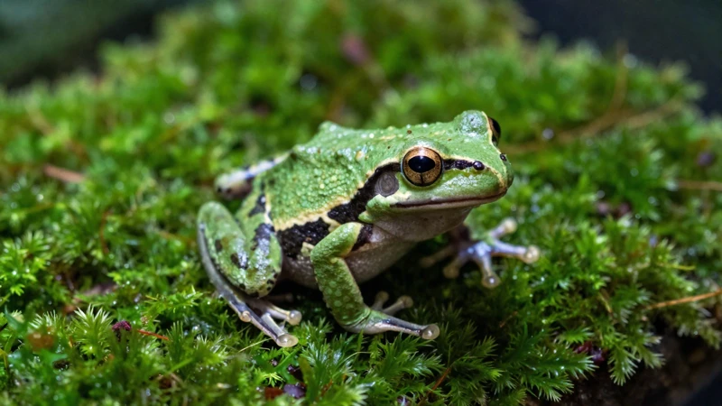 Macro de rana y musgo verde