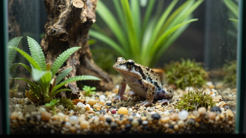 Anfibio en terrario con luz suave