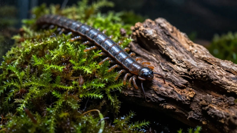 Macro de colopendra en hábitat boscoso