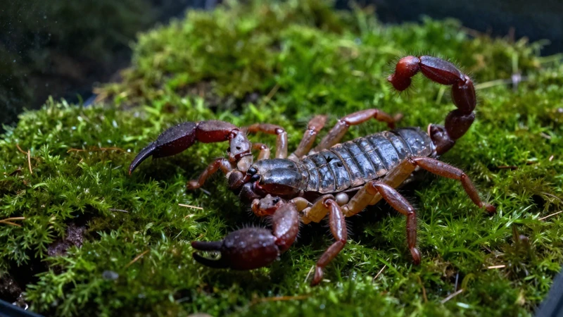 Escorpión verde en terrario detallado