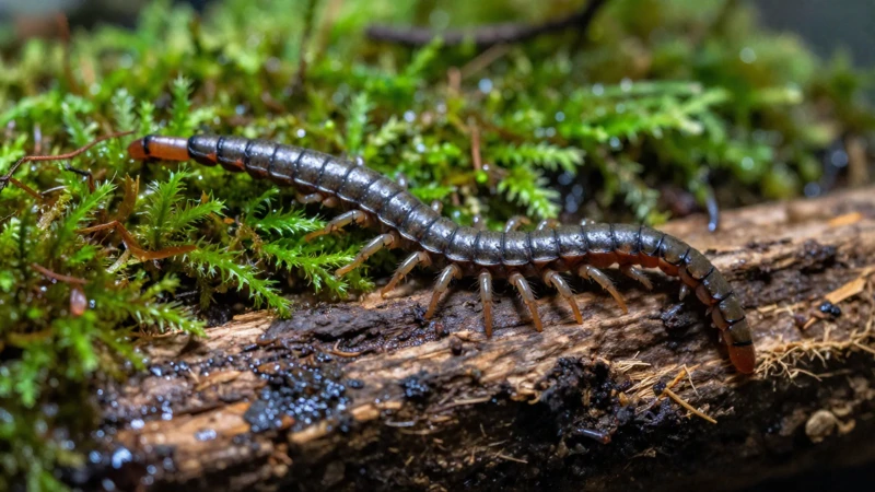 Scolopendra detallada en terrario de musgo