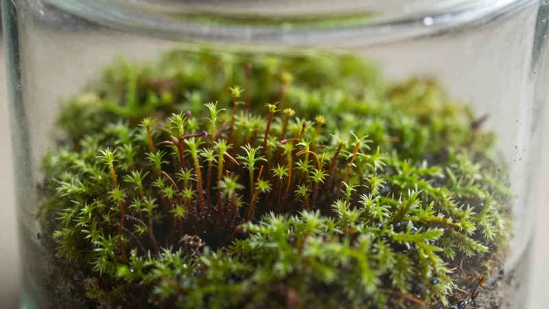 Detalle macro de musgo en terrario húmedo