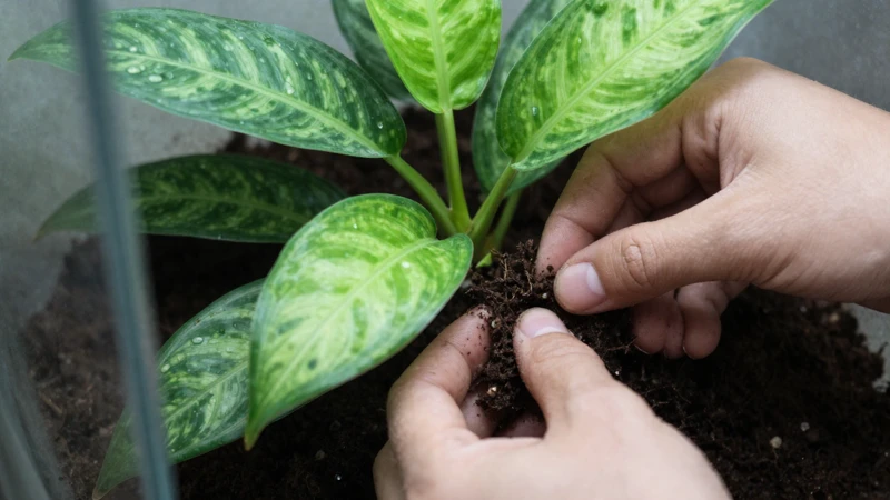 Planta verde en terrario con luz natural