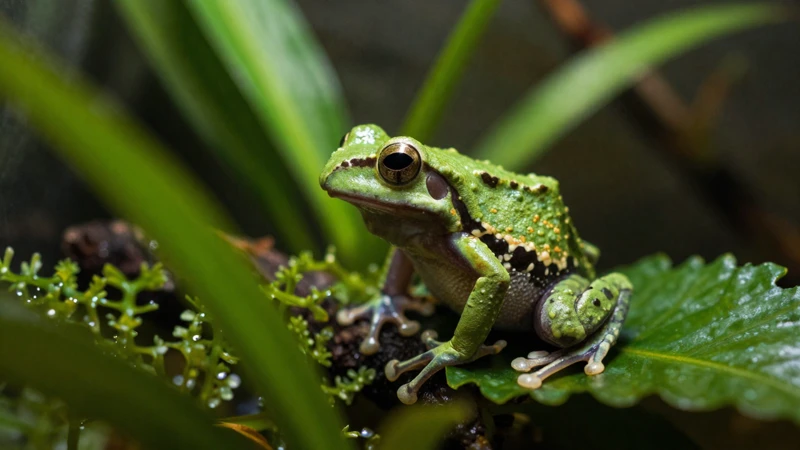 Terrario tropical con rana cálida