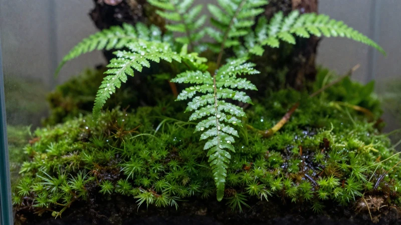 Terrario verde con gotas y luz suave