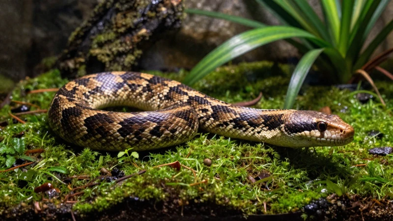 Serpiente en terrario tropical con luz cálida