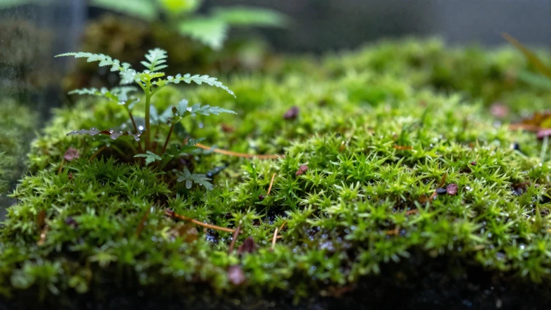 Musgo verde y luz suave en un terrario