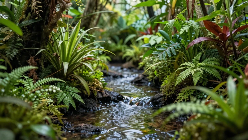 Detalle fotorealista de un hábitat fluvial exuberante