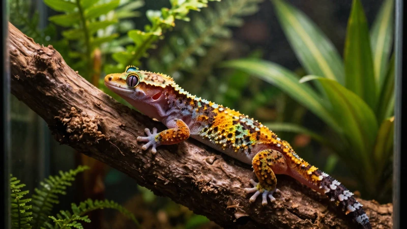 Gecko tropical en terrario iluminado