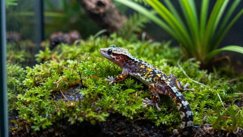 Gecko detallado en terrario tropical