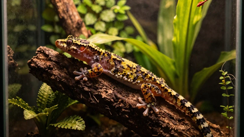 Gecko tropical en terrario cálido y detallado