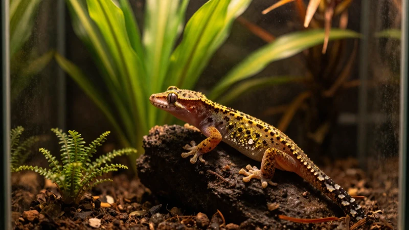 Gecko tropical en terrario cálido