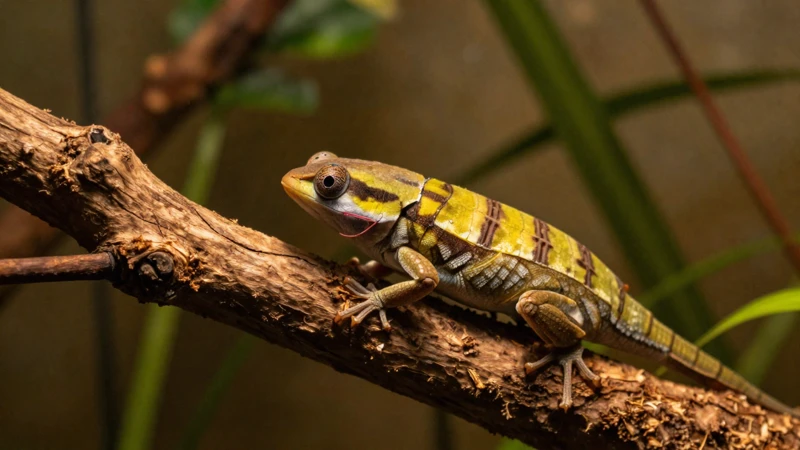 Lagarto vibrante en terrario exuberante