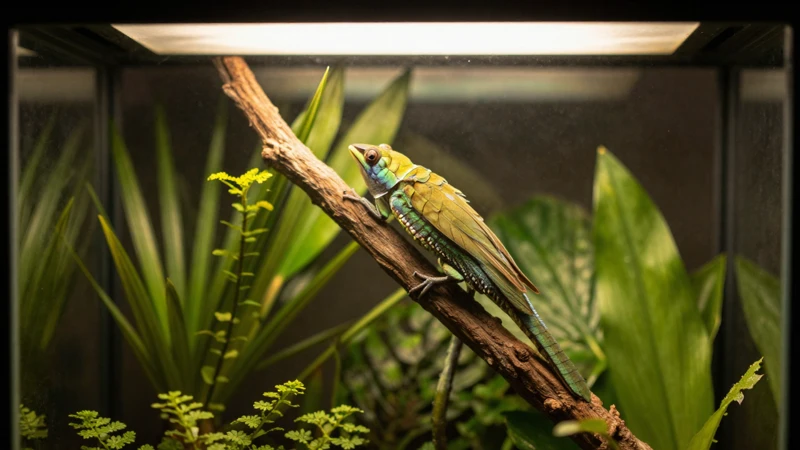 Lagartija tropical bajo luz cálida en terrario