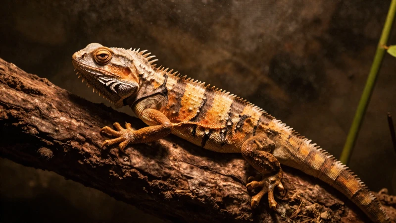 Lagarto se calienta en un terrario cálido